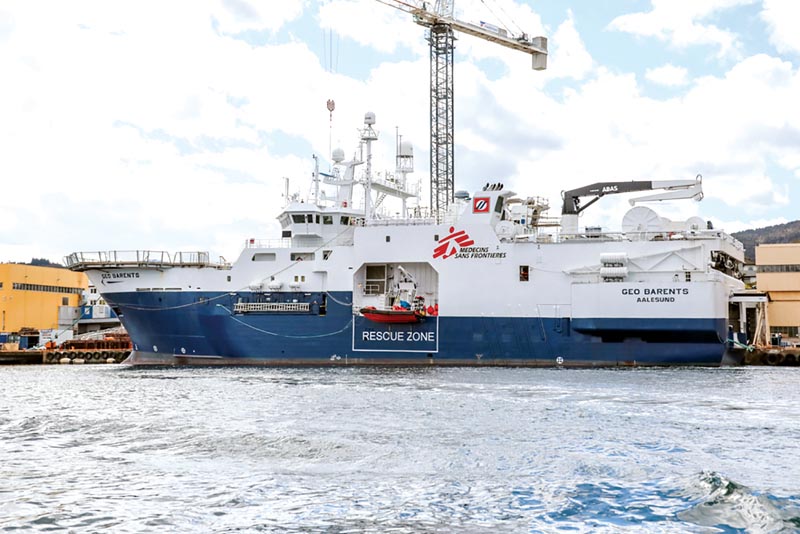 MSF's new chartered ship, the M/V Geo Barents in Fiskarstrand shipyard Norway getting ready to sail.
