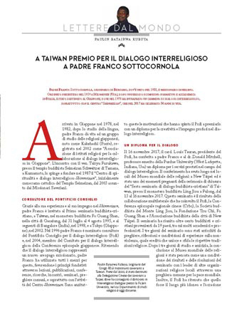 A TAIWAN PREMIO PER IL DIALOGO INTERRELIGIOSO A P. FRANCO SOTTOCORNOLA